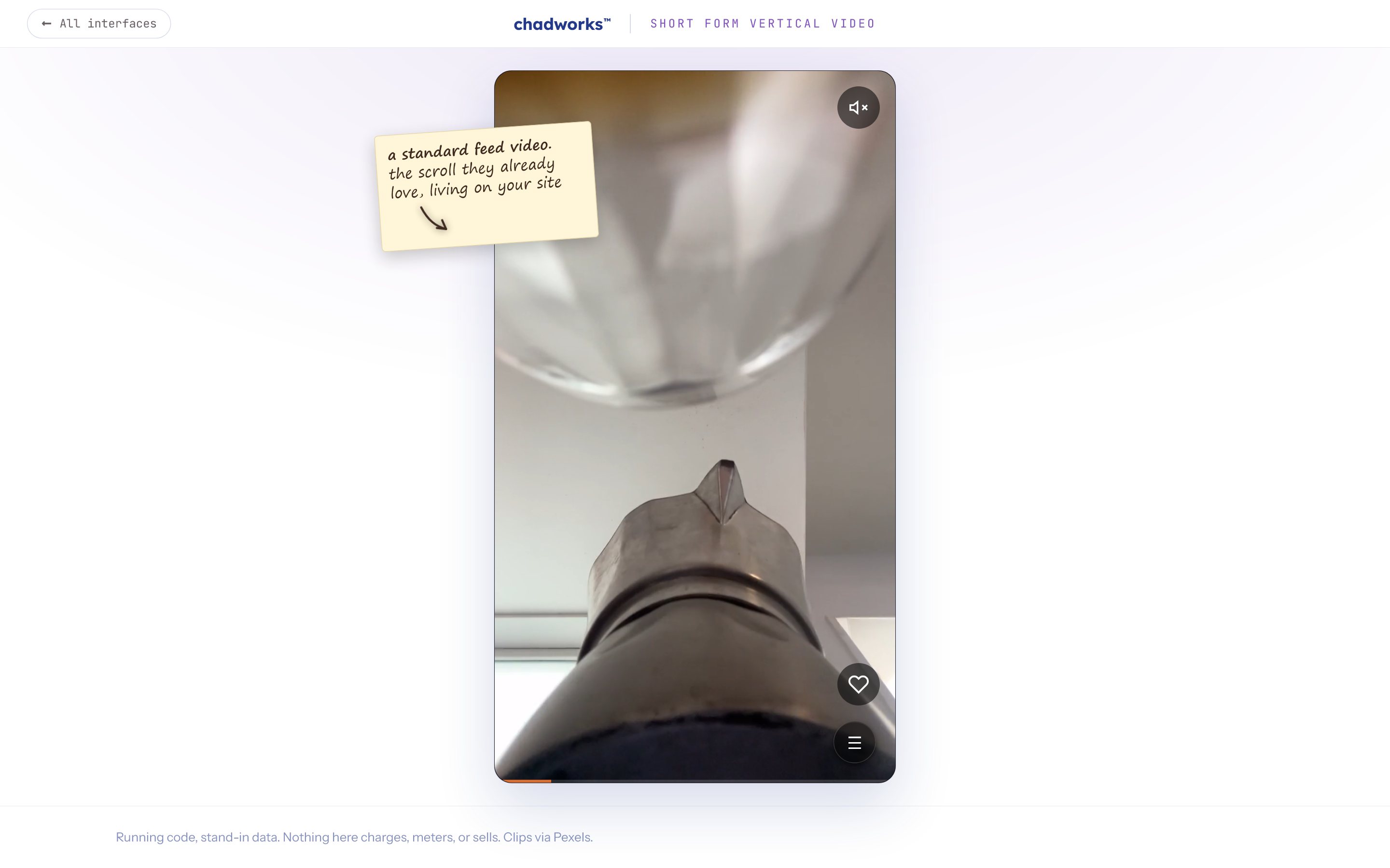 Short form vertical video feed interface example, designed and developed by chadworks -- desktop view